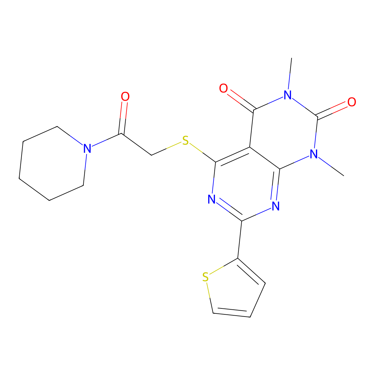 1,3-dimethyl-5-((2-oxo-2-(piperidin-1-yl)ethyl)thio)-7-(thiophen-2-yl)pyrimido[4,5-d]pyrimidine-2,4(1H,3H)-dione molecular structure, CAS 847191-47-3
