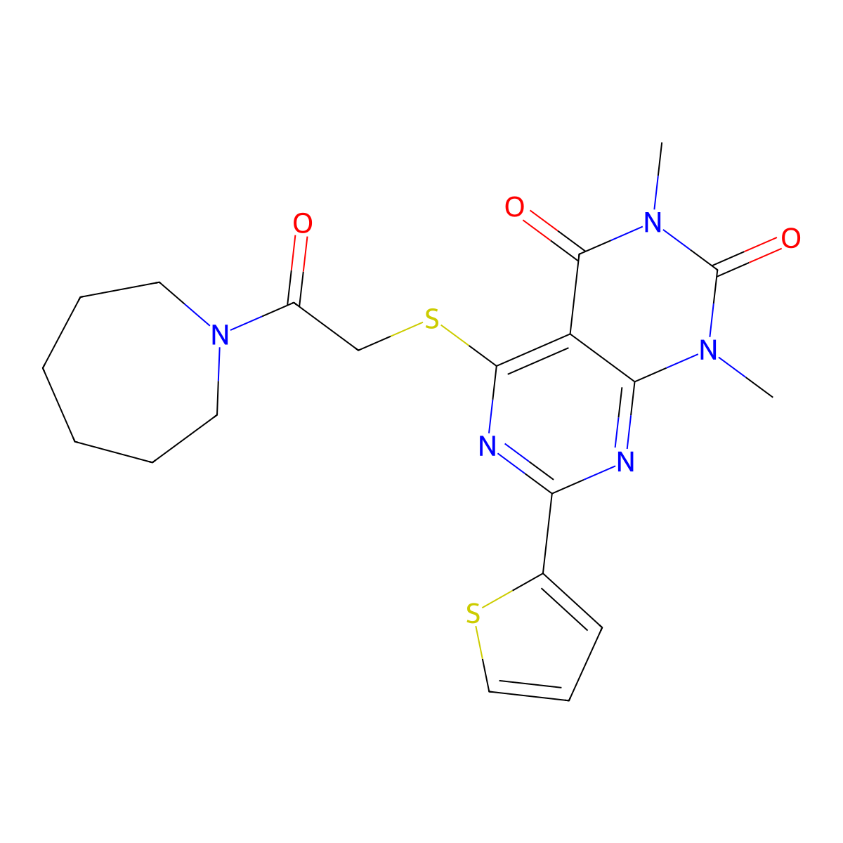 5-((2-(azepan-1-yl)-2-oxoethyl)thio)-1,3-dimethyl-7-(thiophen-2-yl)pyrimido[4,5-d]pyrimidine-2,4(1H,3H)-dione molecular structure, CAS 847191-48-4