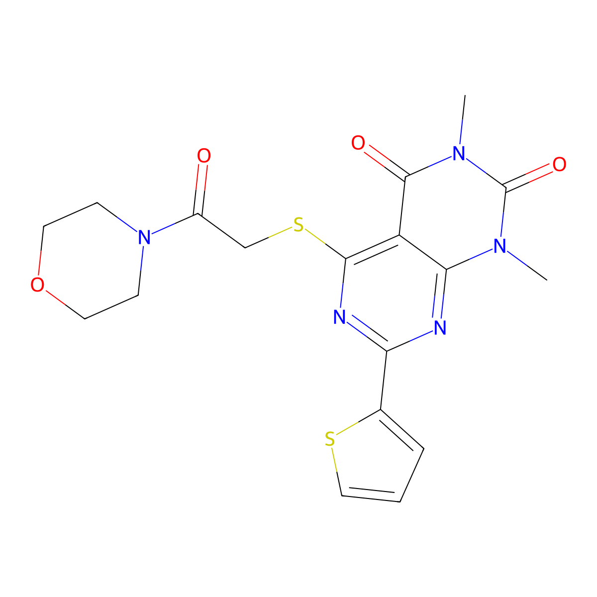 1,3-dimethyl-5-((2-morpholino-2-oxoethyl)thio)-7-(thiophen-2-yl)pyrimido[4,5-d]pyrimidine-2,4(1H,3H)-dione molecular structure, CAS 847191-49-5