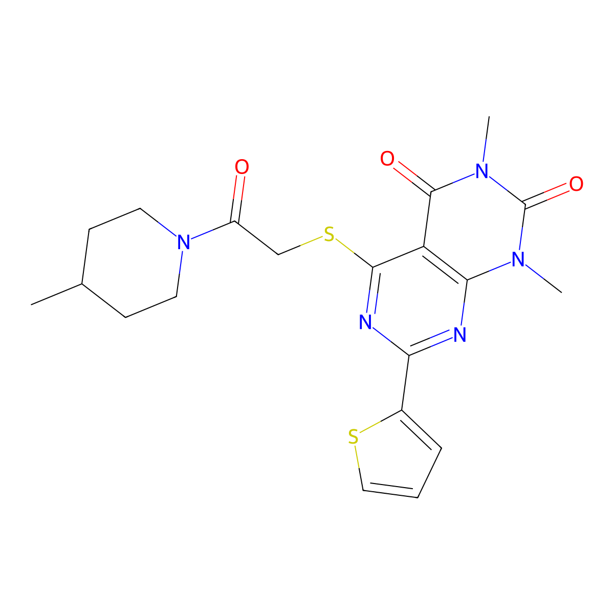 1,3-Dimethyl-5-[2-(4-methylpiperidin-1-yl)-2-oxoethyl]sulfanyl-7-thiophen-2-ylpyrimido[4,5-d]pyrimidine-2,4-dione molecular structure, CAS 847191-50-8