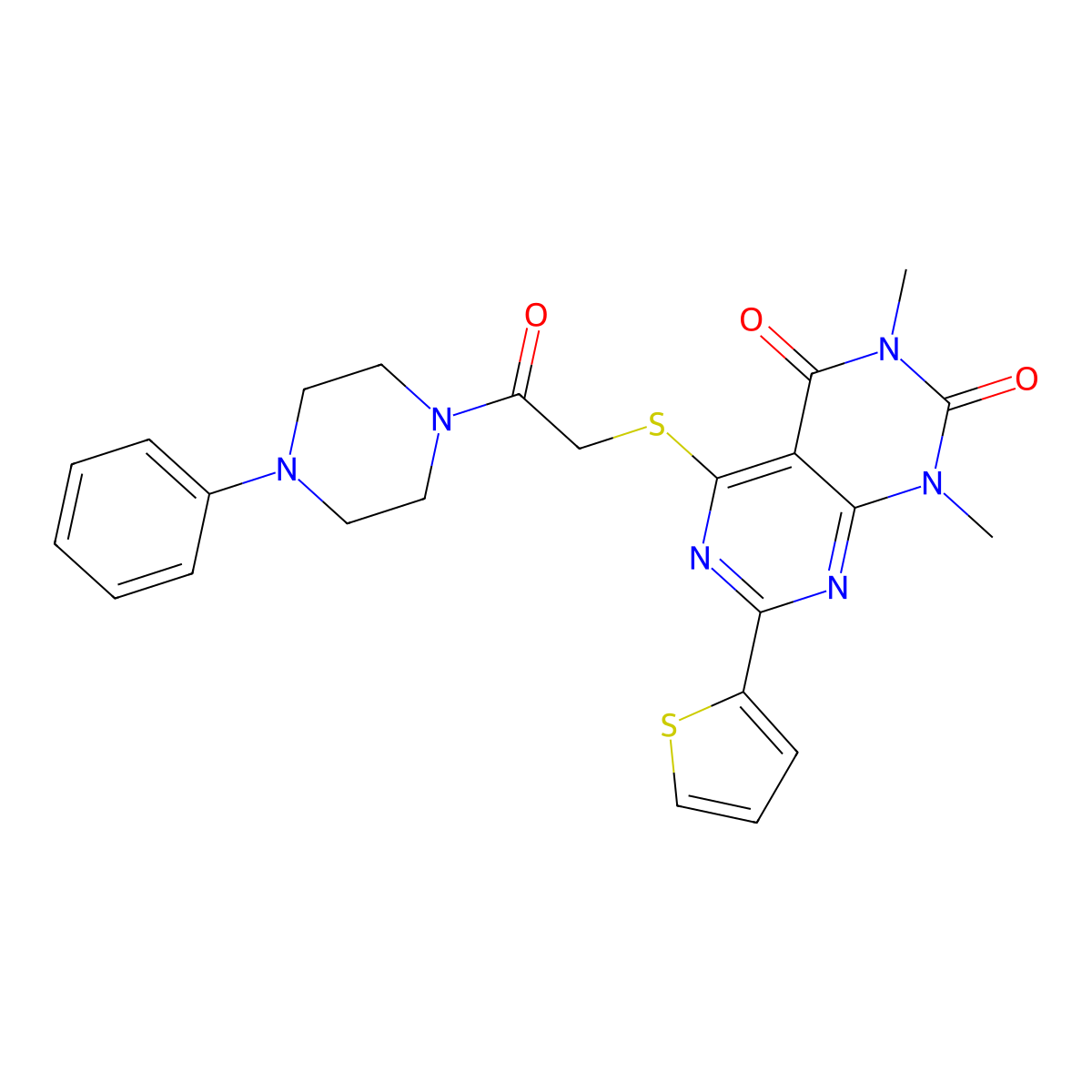 1,3-dimethyl-5-((2-oxo-2-(4-phenylpiperazin-1-yl)ethyl)thio)-7-(thiophen-2-yl)pyrimido[4,5-d]pyrimidine-2,4(1H,3H)-dione molecular structure, CAS 847191-51-9