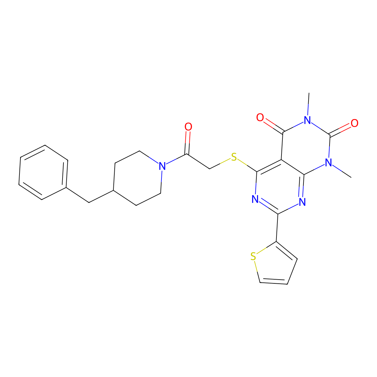5-((2-(4-benzylpiperidin-1-yl)-2-oxoethyl)thio)-1,3-dimethyl-7-(thiophen-2-yl)pyrimido[4,5-d]pyrimidine-2,4(1H,3H)-dione molecular structure, CAS 847191-52-0