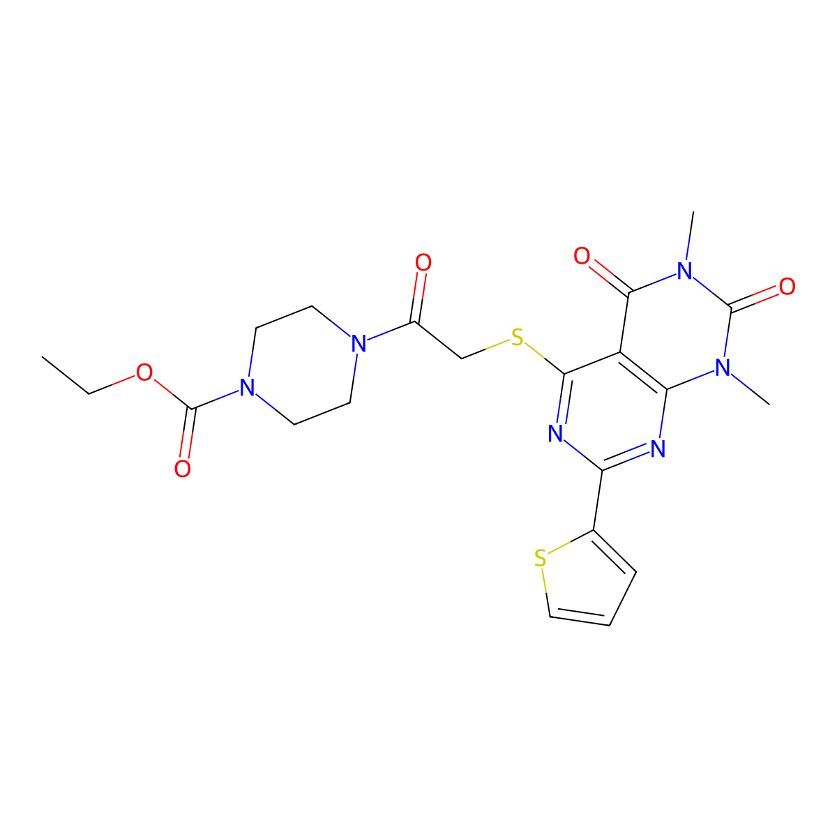 Ethyl 4-(2-((6,8-dimethyl-5,7-dioxo-2-(thiophen-2-yl)-5,6,7,8-tetrahydropyrimido[4,5-d]pyrimidin-4-yl)thio)acetyl)piperazine-1-carboxylate molecular structure, CAS 847191-53-1