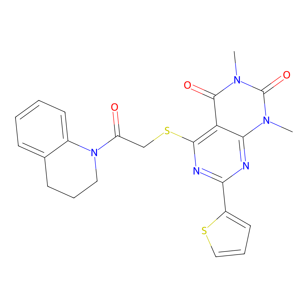 5-[2-(3,4-dihydro-2H-quinolin-1-yl)-2-oxoethyl]sulfanyl-1,3-dimethyl-7-thiophen-2-ylpyrimido[4,5-d]pyrimidine-2,4-dione molecular structure, CAS 847191-54-2