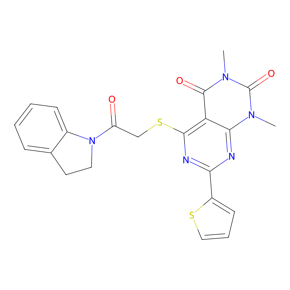 5-((2-(indolin-1-yl)-2-oxoethyl)thio)-1,3-dimethyl-7-(thiophen-2-yl)pyrimido[4,5-d]pyrimidine-2,4(1H,3H)-dione molecular structure, CAS 847191-55-3