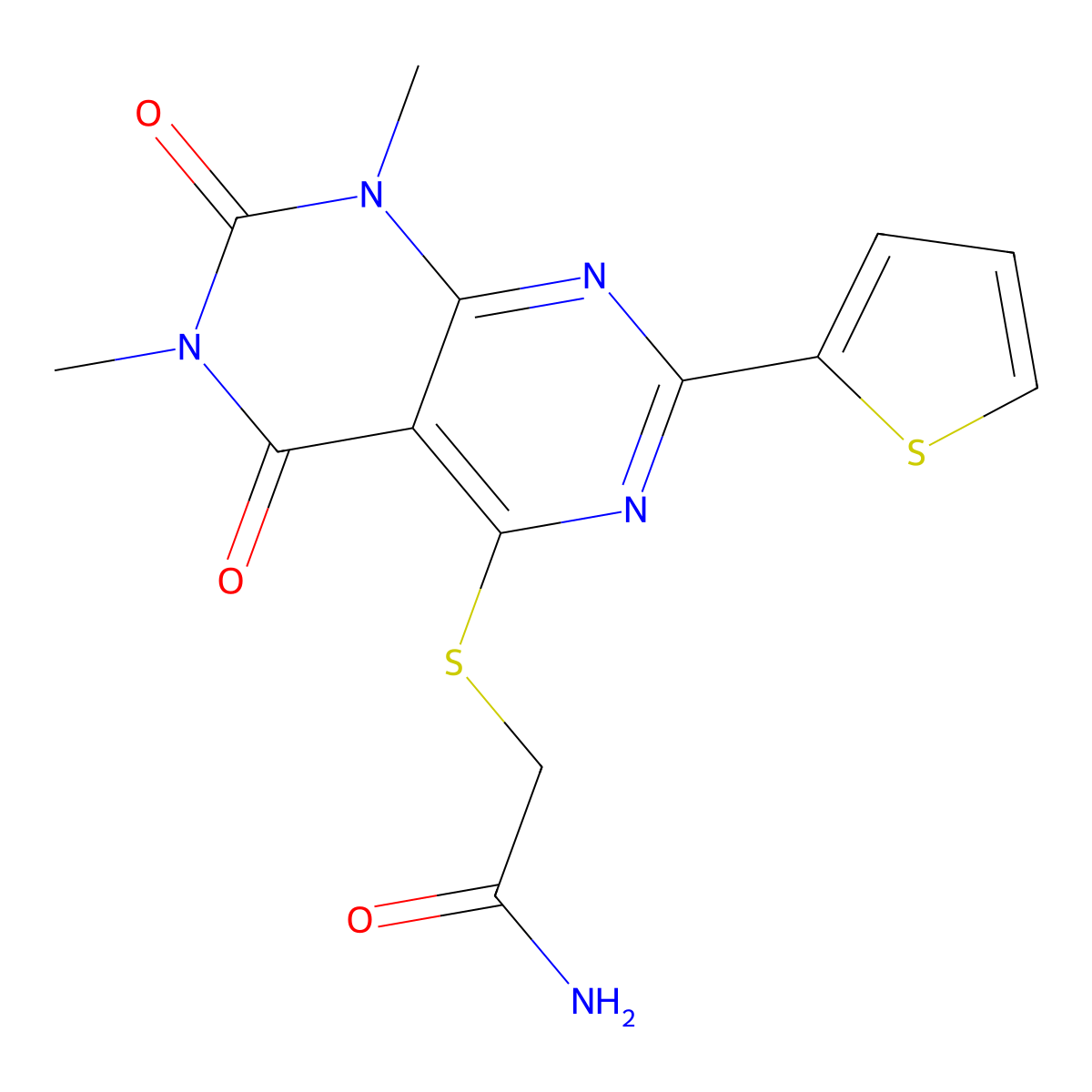 2-(1,3-Dimethyl-2,4-dioxo-7-thiophen-2-ylpyrimido[4,5-d]pyrimidin-5-yl)sulfanylacetamide molecular structure, CAS 847191-56-4