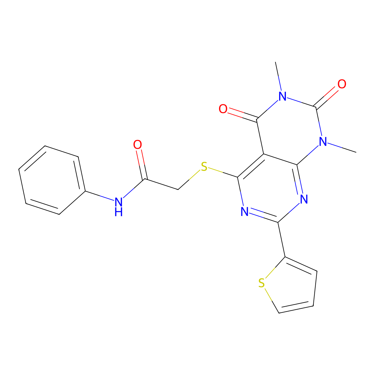 2-(1,3-dimethyl-2,4-dioxo-7-thiophen-2-ylpyrimido[4,5-d]pyrimidin-5-yl)sulfanyl-N-phenylacetamide molecular structure, CAS 847191-57-5