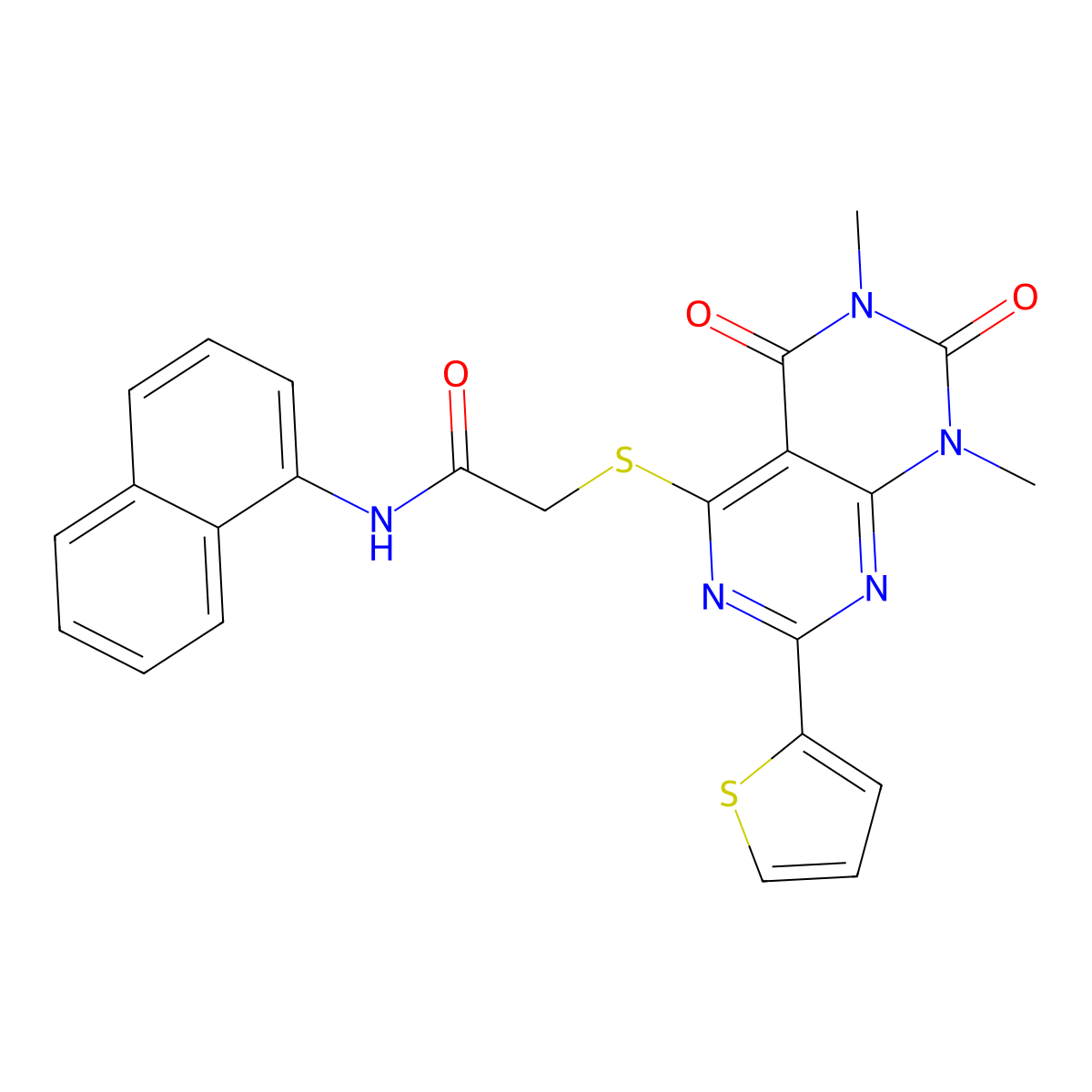 2-((6,8-dimethyl-5,7-dioxo-2-(thiophen-2-yl)-5,6,7,8-tetrahydropyrimido[4,5-d]pyrimidin-4-yl)thio)-N-(naphthalen-1-yl)acetamide molecular structure, CAS 847191-58-6