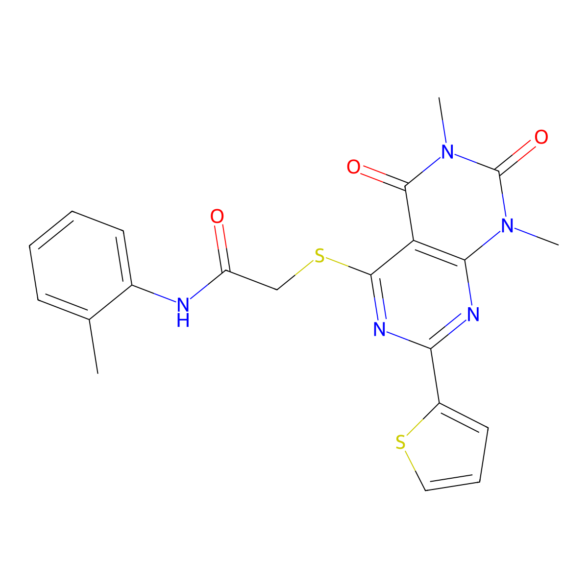 2-((6,8-dimethyl-5,7-dioxo-2-(thiophen-2-yl)-5,6,7,8-tetrahydropyrimido[4,5-d]pyrimidin-4-yl)thio)-N-(o-tolyl)acetamide molecular structure, CAS 847191-59-7