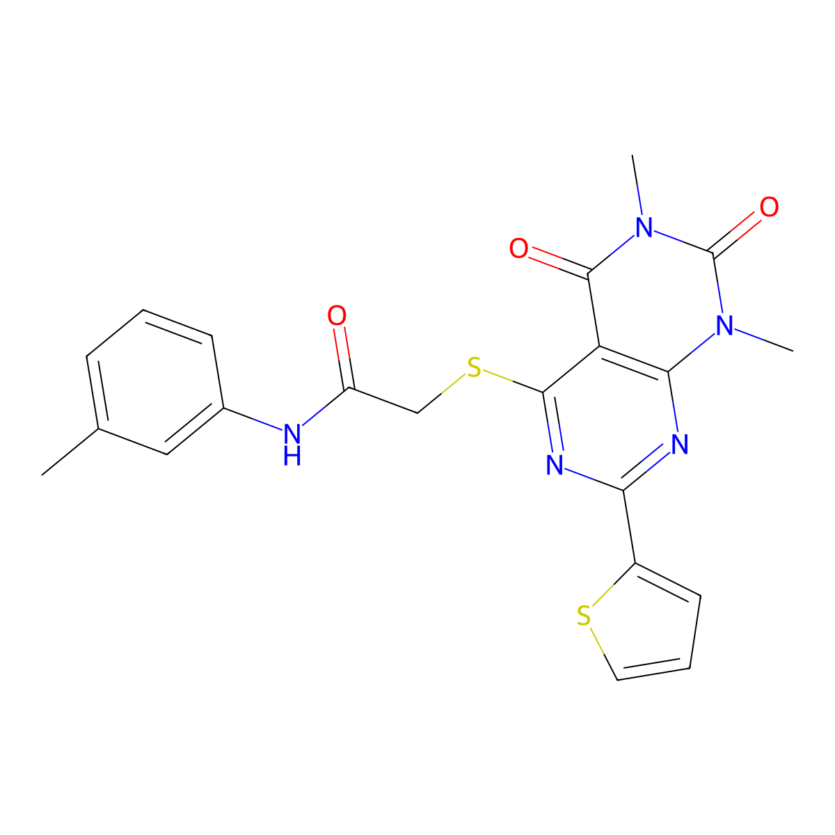 2-(1,3-dimethyl-2,4-dioxo-7-thiophen-2-ylpyrimido[4,5-d]pyrimidin-5-yl)sulfanyl-N-(3-methylphenyl)acetamide molecular structure, CAS 847191-60-0