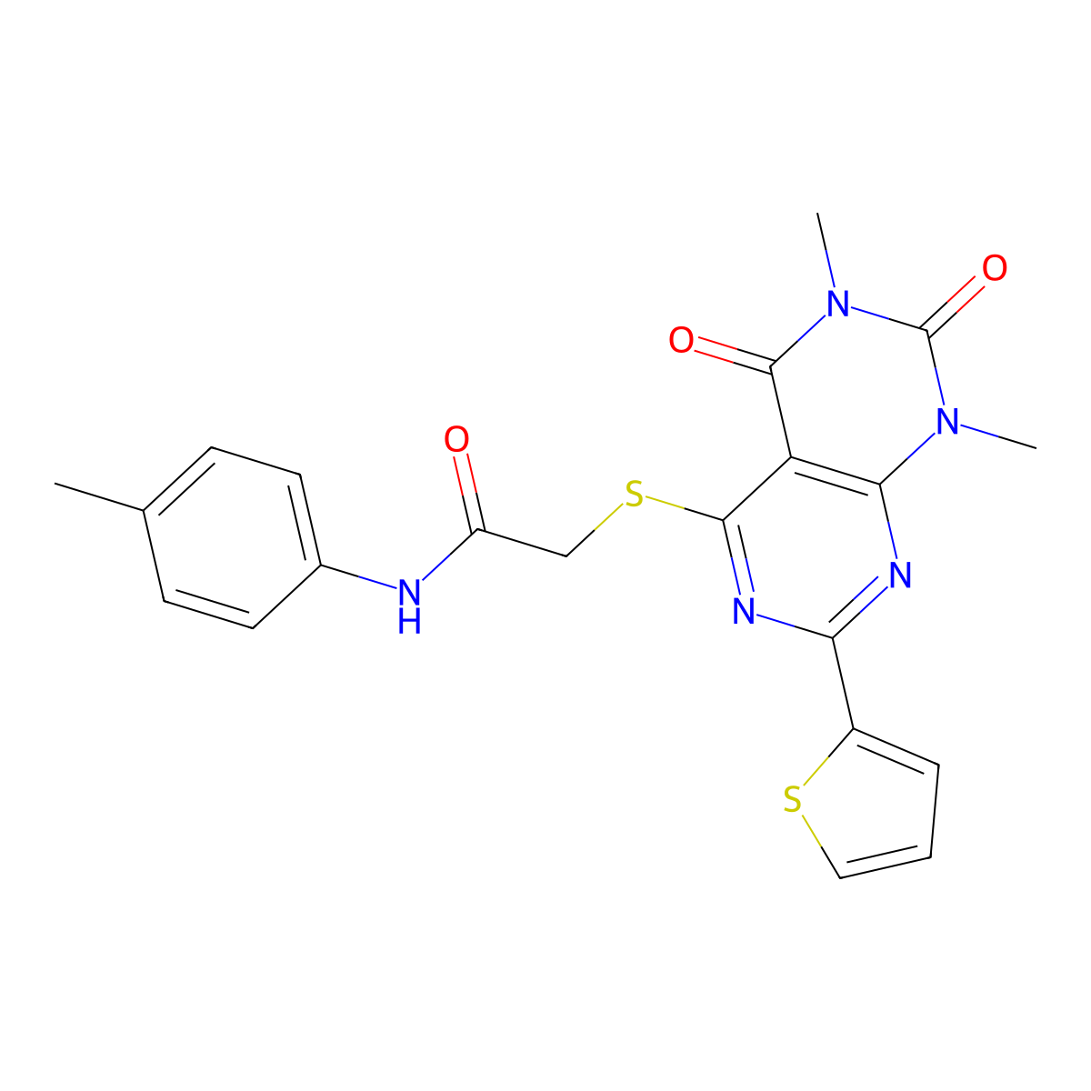 2-(1,3-dimethyl-2,4-dioxo-7-thiophen-2-ylpyrimido[4,5-d]pyrimidin-5-yl)sulfanyl-N-(4-methylphenyl)acetamide molecular structure, CAS 847191-61-1