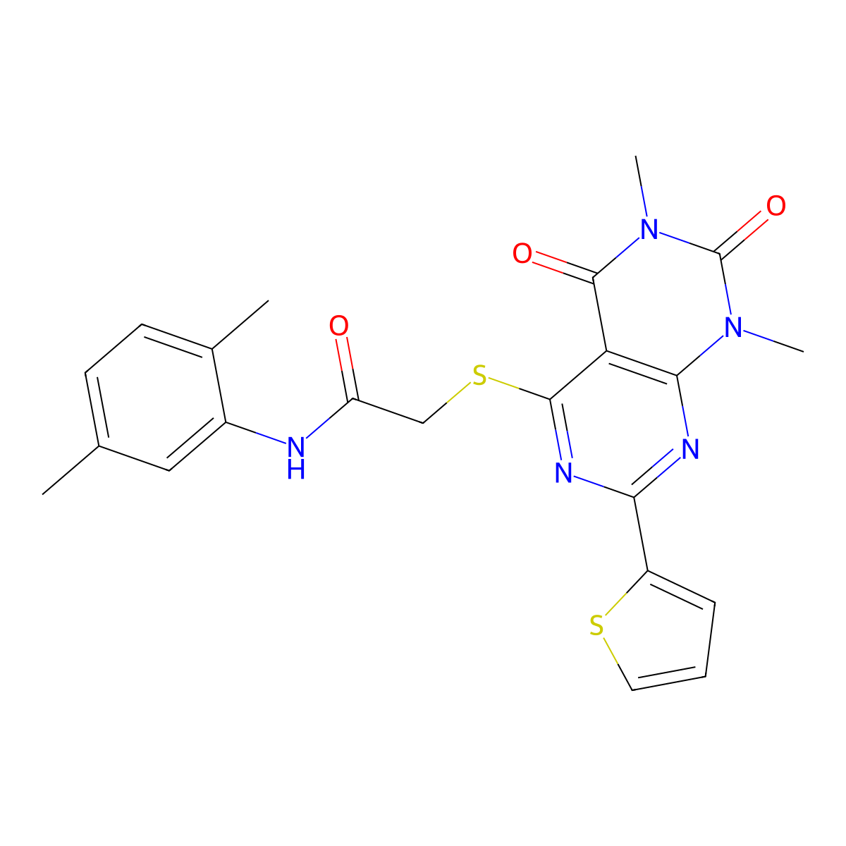 2-(1,3-dimethyl-2,4-dioxo-7-thiophen-2-ylpyrimido[4,5-d]pyrimidin-5-yl)sulfanyl-N-(2,5-dimethylphenyl)acetamide molecular structure, CAS 847191-62-2