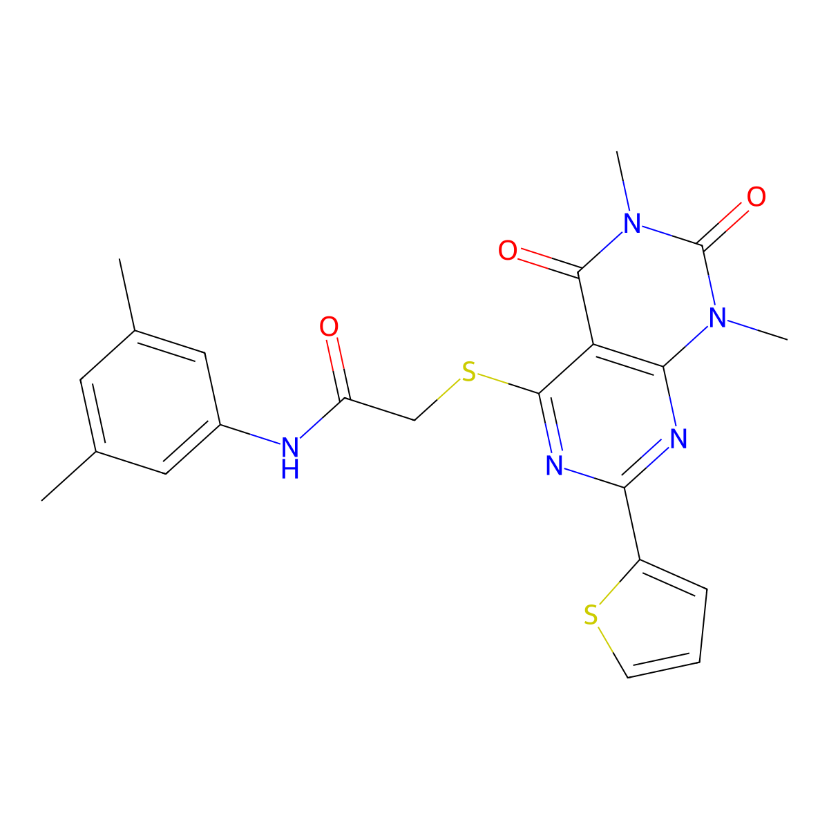 2-((6,8-dimethyl-5,7-dioxo-2-(thiophen-2-yl)-5,6,7,8-tetrahydropyrimido[4,5-d]pyrimidin-4-yl)thio)-N-(3,5-dimethylphenyl)acetamide molecular structure, CAS 847191-63-3