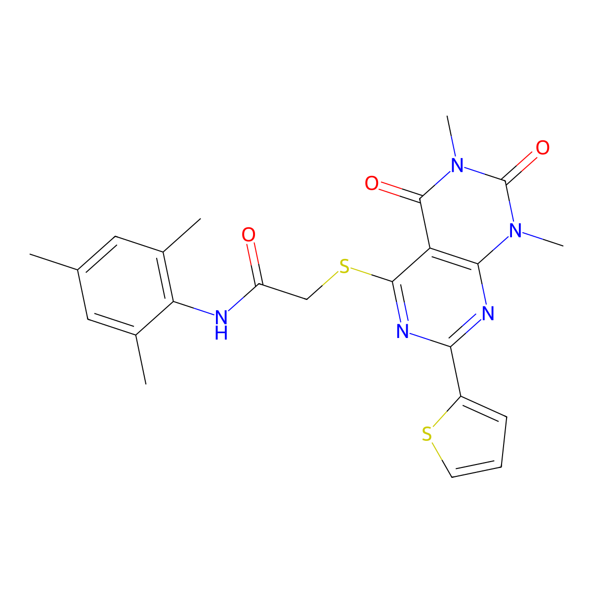 2-((6,8-dimethyl-5,7-dioxo-2-(thiophen-2-yl)-5,6,7,8-tetrahydropyrimido[4,5-d]pyrimidin-4-yl)thio)-N-mesitylacetamide molecular structure, CAS 847191-64-4