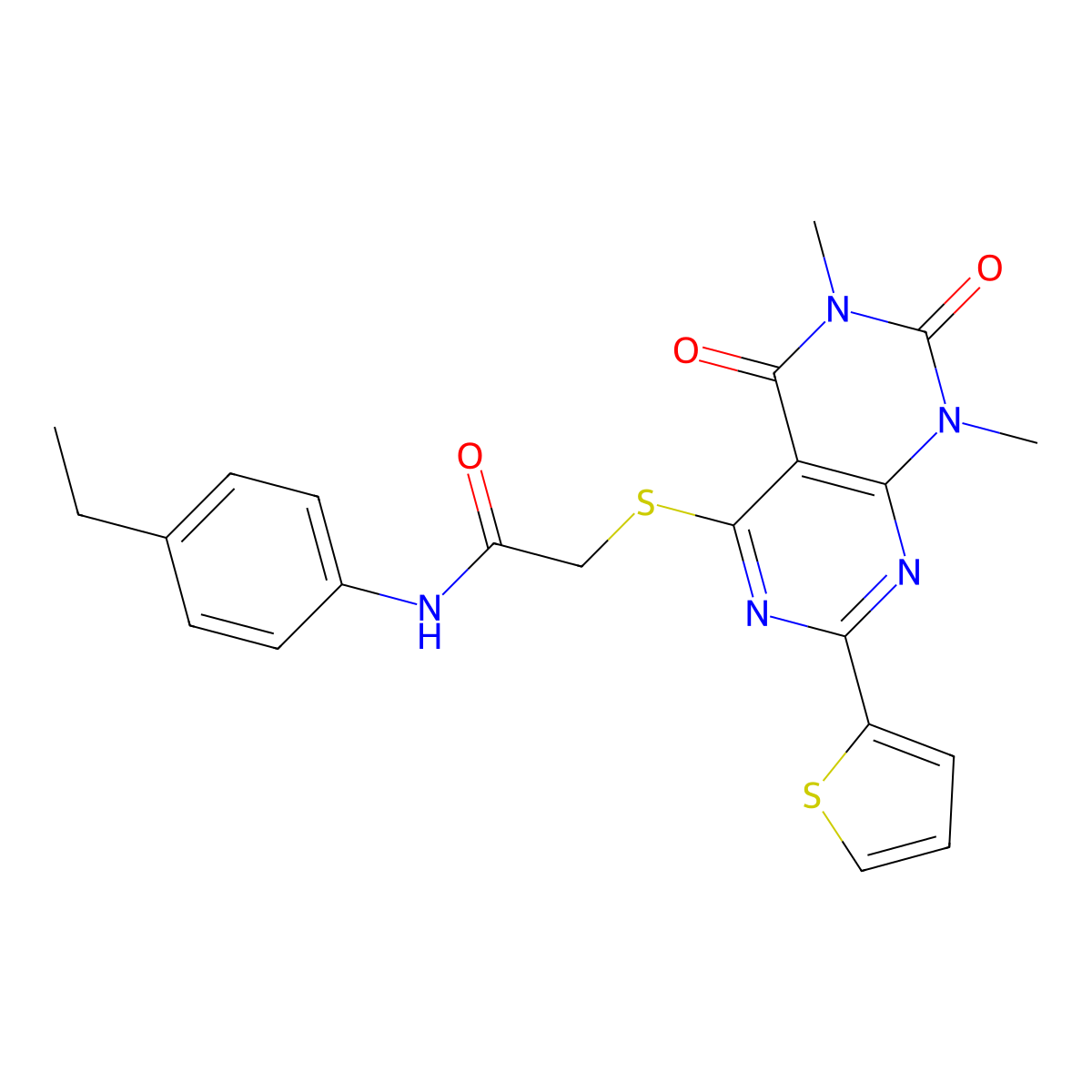 2-((6,8-dimethyl-5,7-dioxo-2-(thiophen-2-yl)-5,6,7,8-tetrahydropyrimido[4,5-d]pyrimidin-4-yl)thio)-N-(4-ethylphenyl)acetamide molecular structure, CAS 847191-65-5