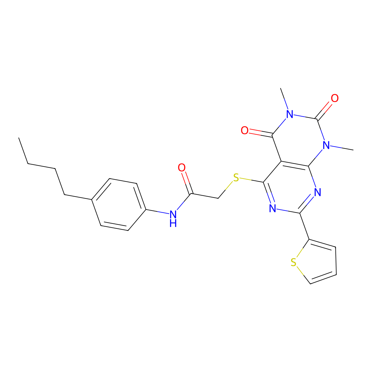 N-(4-butylphenyl)-2-((6,8-dimethyl-5,7-dioxo-2-(thiophen-2-yl)-5,6,7,8-tetrahydropyrimido[4,5-d]pyrimidin-4-yl)thio)acetamide molecular structure, CAS 847191-66-6