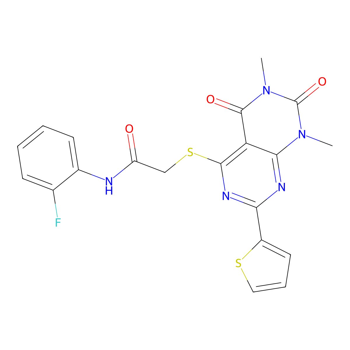 2-((6,8-dimethyl-5,7-dioxo-2-(thiophen-2-yl)-5,6,7,8-tetrahydropyrimido[4,5-d]pyrimidin-4-yl)thio)-N-(2-fluorophenyl)acetamide molecular structure, CAS 847191-67-7