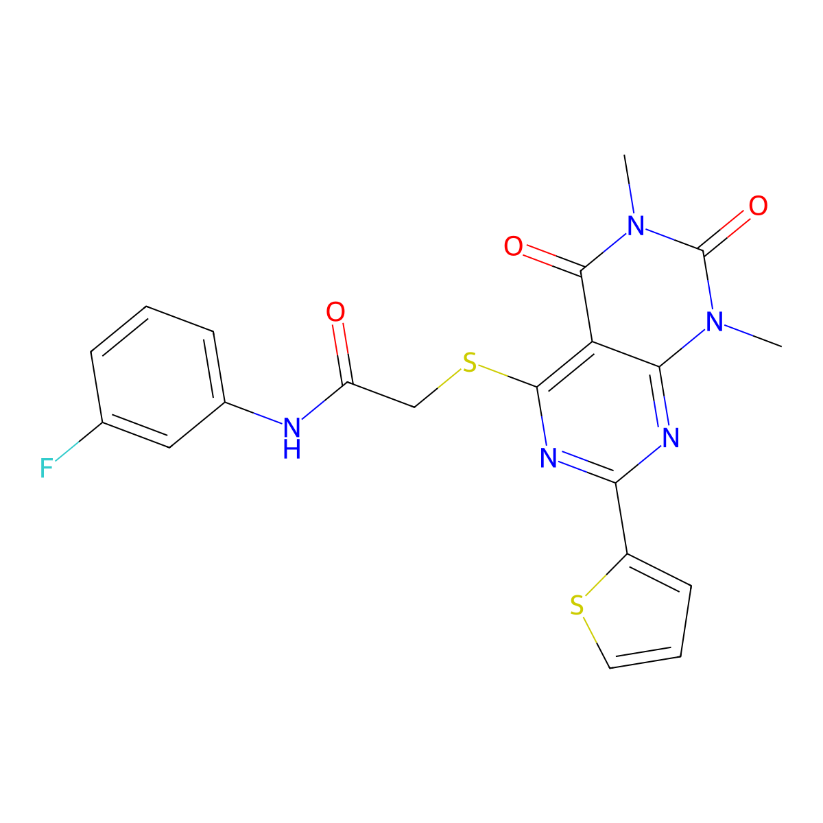 2-((6,8-dimethyl-5,7-dioxo-2-(thiophen-2-yl)-5,6,7,8-tetrahydropyrimido[4,5-d]pyrimidin-4-yl)thio)-N-(3-fluorophenyl)acetamide molecular structure, CAS 847191-68-8