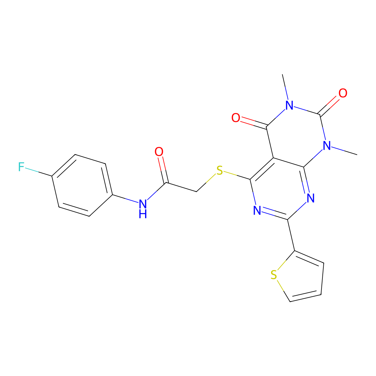 2-((6,8-dimethyl-5,7-dioxo-2-(thiophen-2-yl)-5,6,7,8-tetrahydropyrimido[4,5-d]pyrimidin-4-yl)thio)-N-(4-fluorophenyl)acetamide molecular structure, CAS 847191-69-9