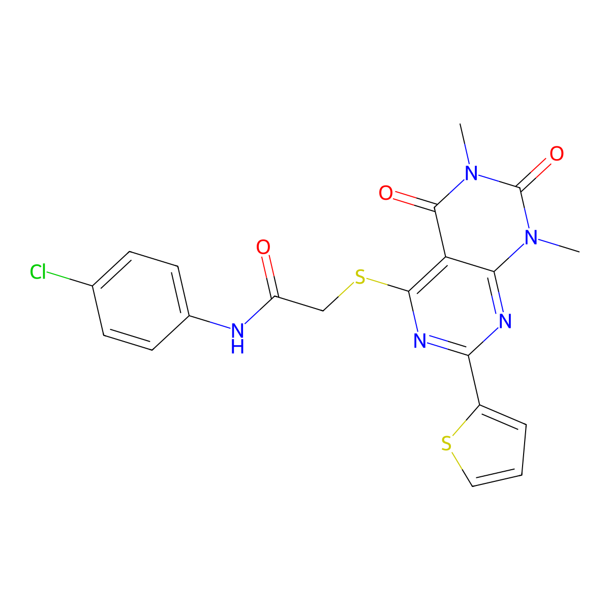 N-(4-chlorophenyl)-2-((6,8-dimethyl-5,7-dioxo-2-(thiophen-2-yl)-5,6,7,8-tetrahydropyrimido[4,5-d]pyrimidin-4-yl)thio)acetamide molecular structure, CAS 847191-70-2