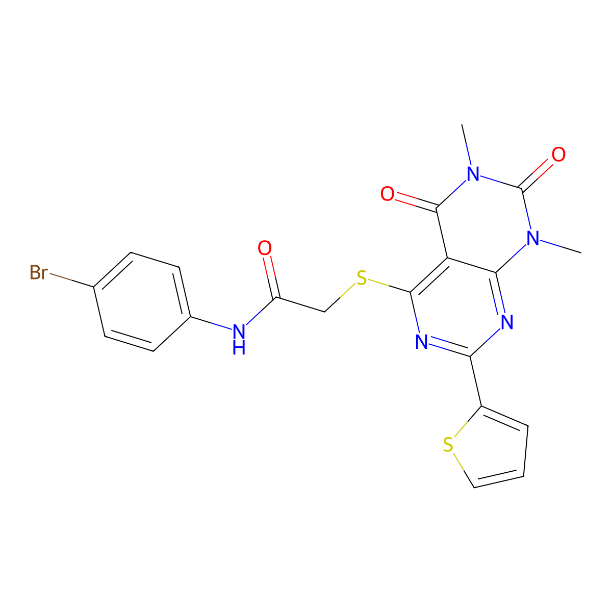 N-(4-bromophenyl)-2-((6,8-dimethyl-5,7-dioxo-2-(thiophen-2-yl)-5,6,7,8-tetrahydropyrimido[4,5-d]pyrimidin-4-yl)thio)acetamide molecular structure, CAS 847191-71-3