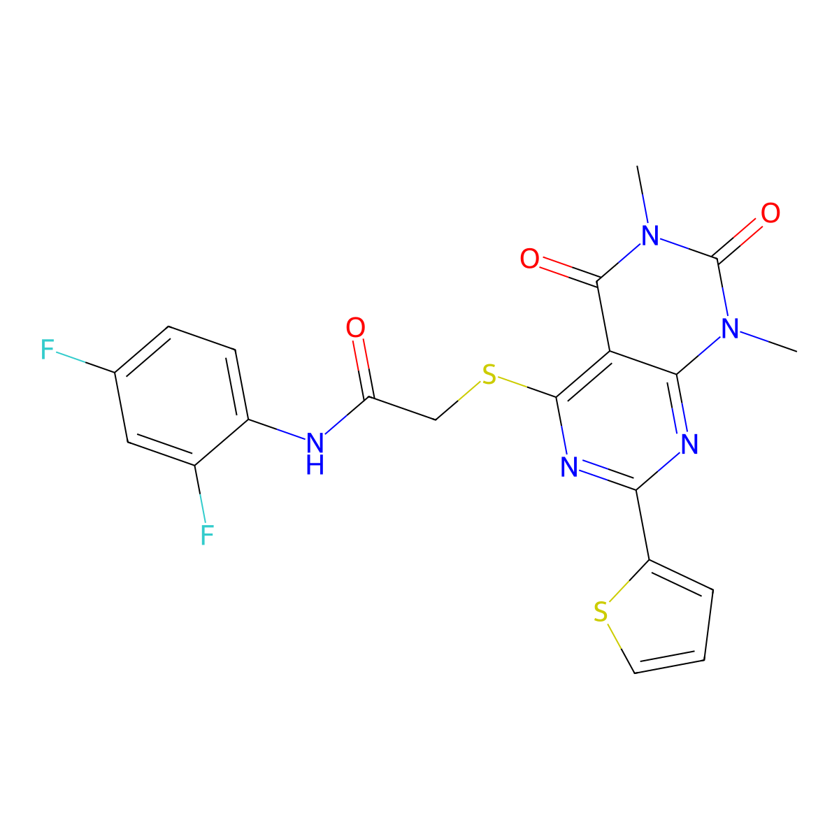 N-(2,4-difluorophenyl)-2-((6,8-dimethyl-5,7-dioxo-2-(thiophen-2-yl)-5,6,7,8-tetrahydropyrimido[4,5-d]pyrimidin-4-yl)thio)acetamide molecular structure, CAS 847191-72-4