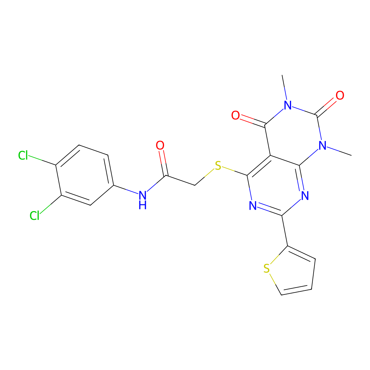 N-(3,4-dichlorophenyl)-2-((6,8-dimethyl-5,7-dioxo-2-(thiophen-2-yl)-5,6,7,8-tetrahydropyrimido[4,5-d]pyrimidin-4-yl)thio)acetamide molecular structure, CAS 847191-73-5
