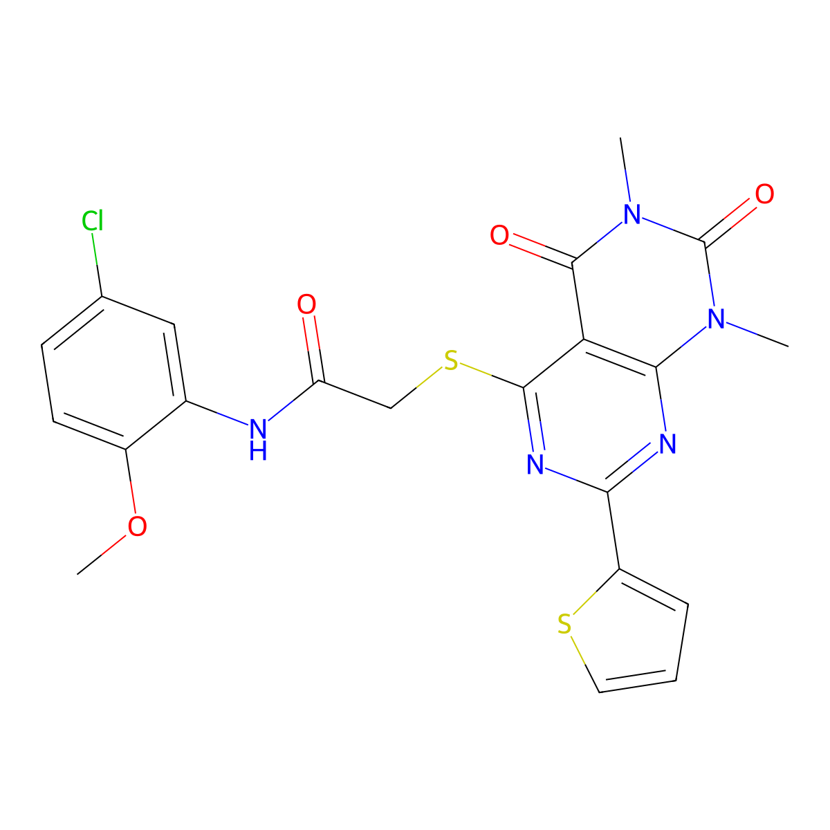N-(5-chloro-2-methoxyphenyl)-2-((6,8-dimethyl-5,7-dioxo-2-(thiophen-2-yl)-5,6,7,8-tetrahydropyrimido[4,5-d]pyrimidin-4-yl)thio)acetamide molecular structure, CAS 847191-74-6
