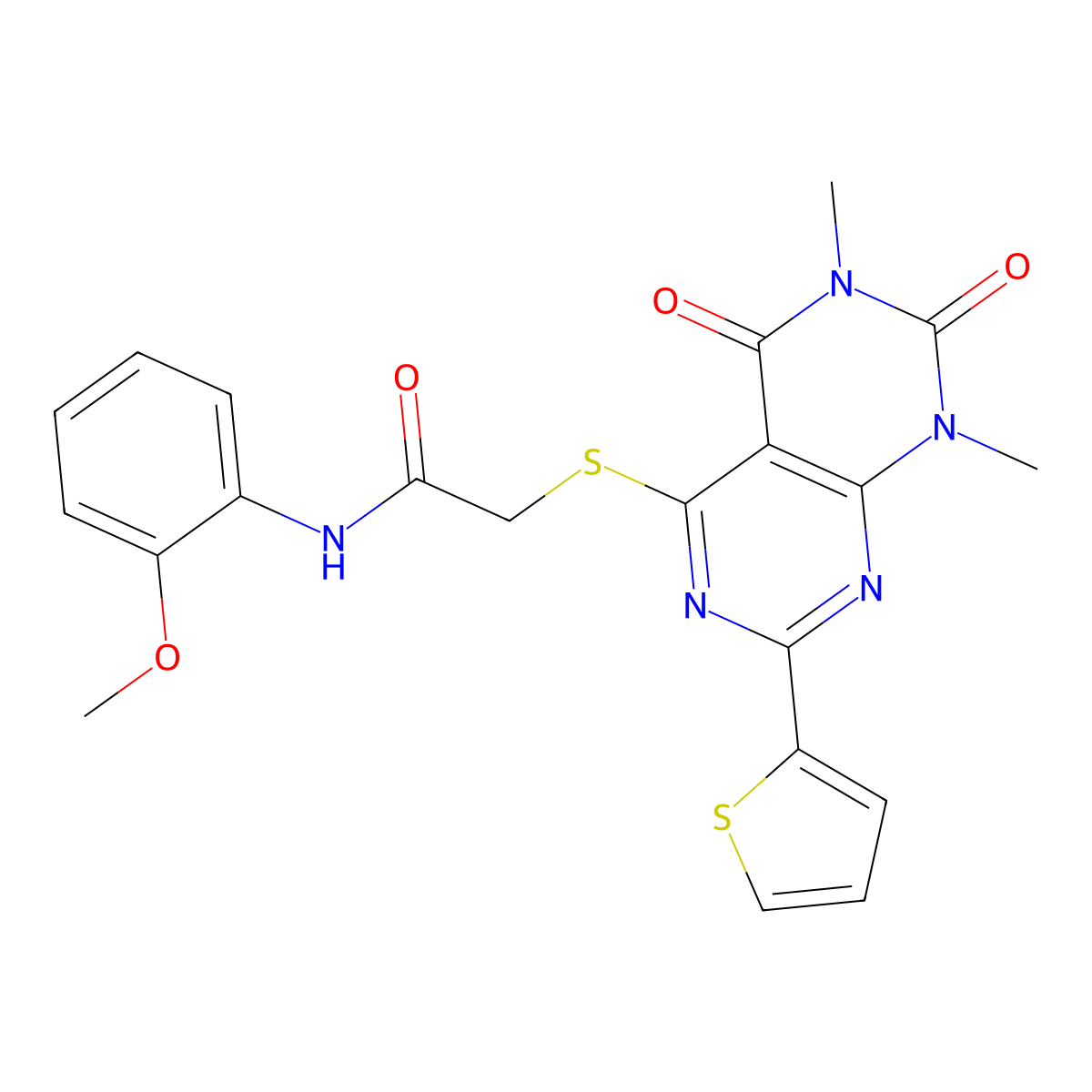2-(1,3-dimethyl-2,4-dioxo-7-thiophen-2-ylpyrimido[4,5-d]pyrimidin-5-yl)sulfanyl-N-(2-methoxyphenyl)acetamide molecular structure, CAS 847191-75-7