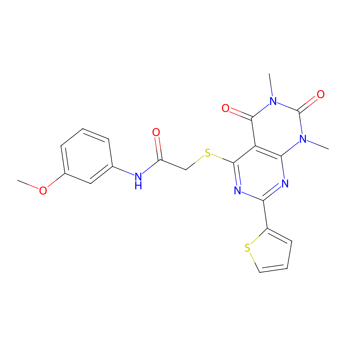 2-((6,8-dimethyl-5,7-dioxo-2-(thiophen-2-yl)-5,6,7,8-tetrahydropyrimido[4,5-d]pyrimidin-4-yl)thio)-N-(3-methoxyphenyl)acetamide molecular structure, CAS 847191-76-8