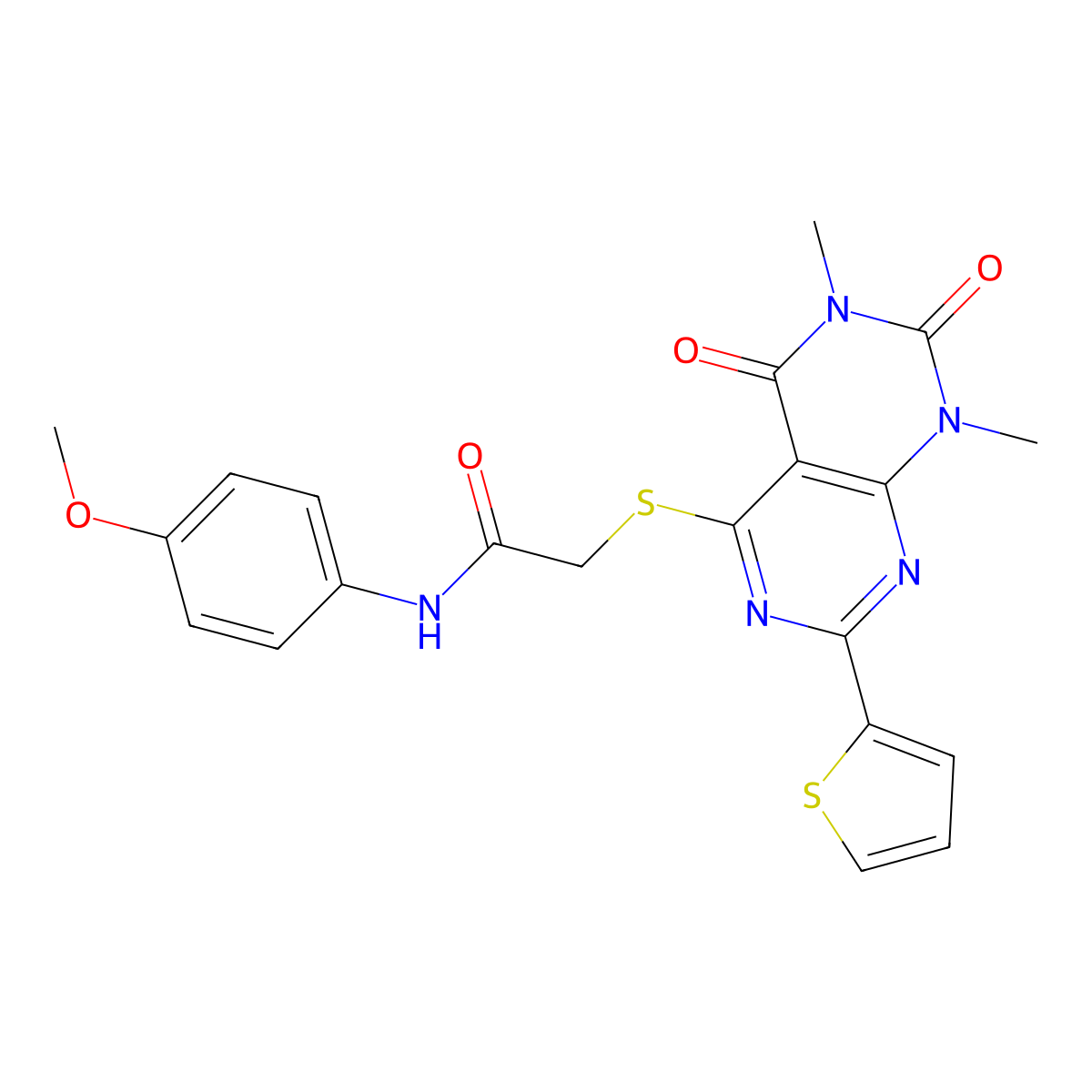 2-((6,8-dimethyl-5,7-dioxo-2-(thiophen-2-yl)-5,6,7,8-tetrahydropyrimido[4,5-d]pyrimidin-4-yl)thio)-N-(4-methoxyphenyl)acetamide molecular structure, CAS 847191-77-9