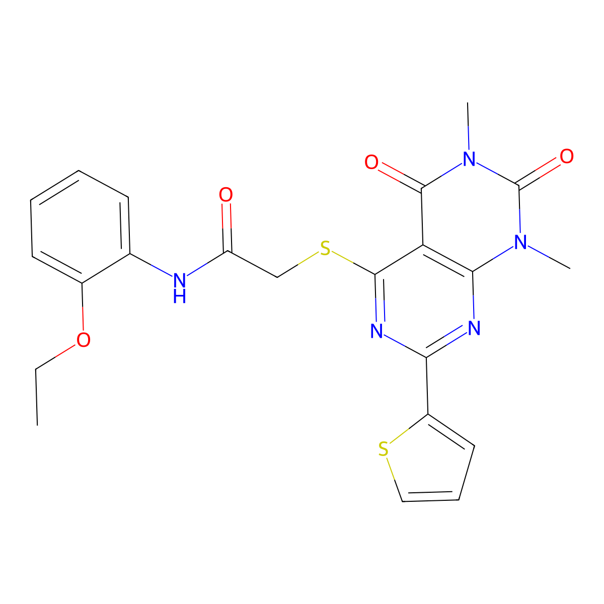 2-((6,8-dimethyl-5,7-dioxo-2-(thiophen-2-yl)-5,6,7,8-tetrahydropyrimido[4,5-d]pyrimidin-4-yl)thio)-N-(2-ethoxyphenyl)acetamide molecular structure, CAS 847191-78-0