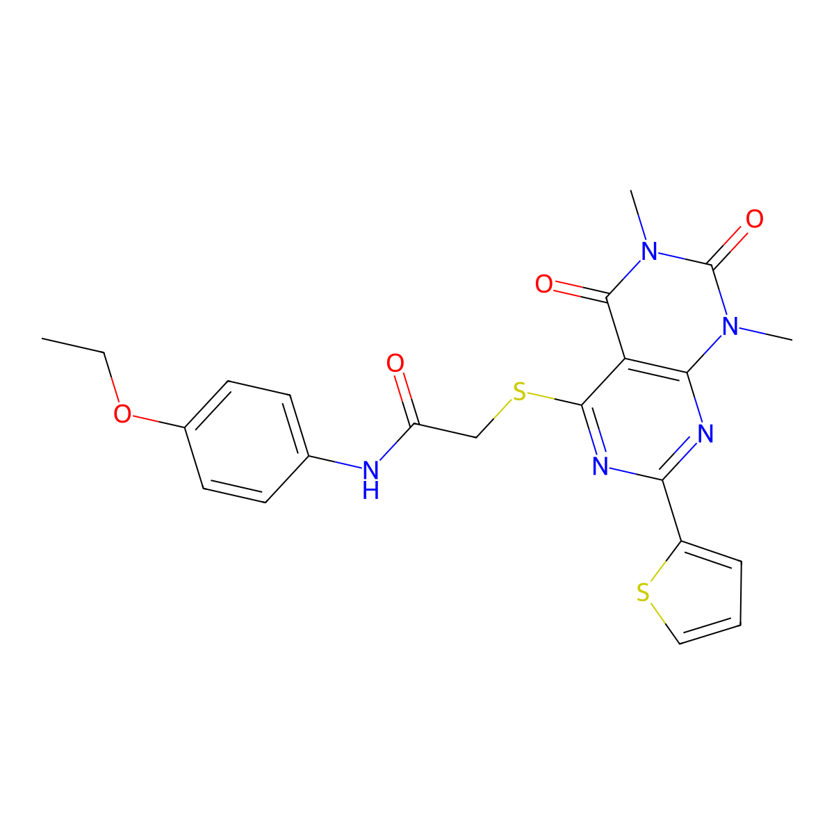 2-((6,8-dimethyl-5,7-dioxo-2-(thiophen-2-yl)-5,6,7,8-tetrahydropyrimido[4,5-d]pyrimidin-4-yl)thio)-N-(4-ethoxyphenyl)acetamide molecular structure, CAS 847191-79-1