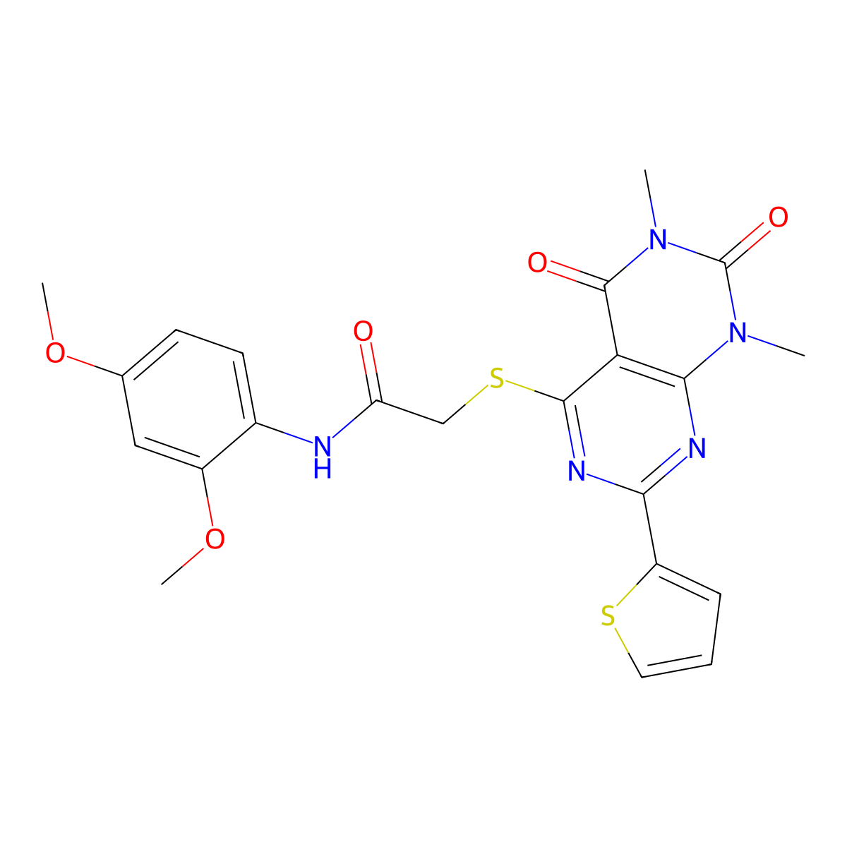 N-(2,4-dimethoxyphenyl)-2-((6,8-dimethyl-5,7-dioxo-2-(thiophen-2-yl)-5,6,7,8-tetrahydropyrimido[4,5-d]pyrimidin-4-yl)thio)acetamide molecular structure, CAS 847191-80-4