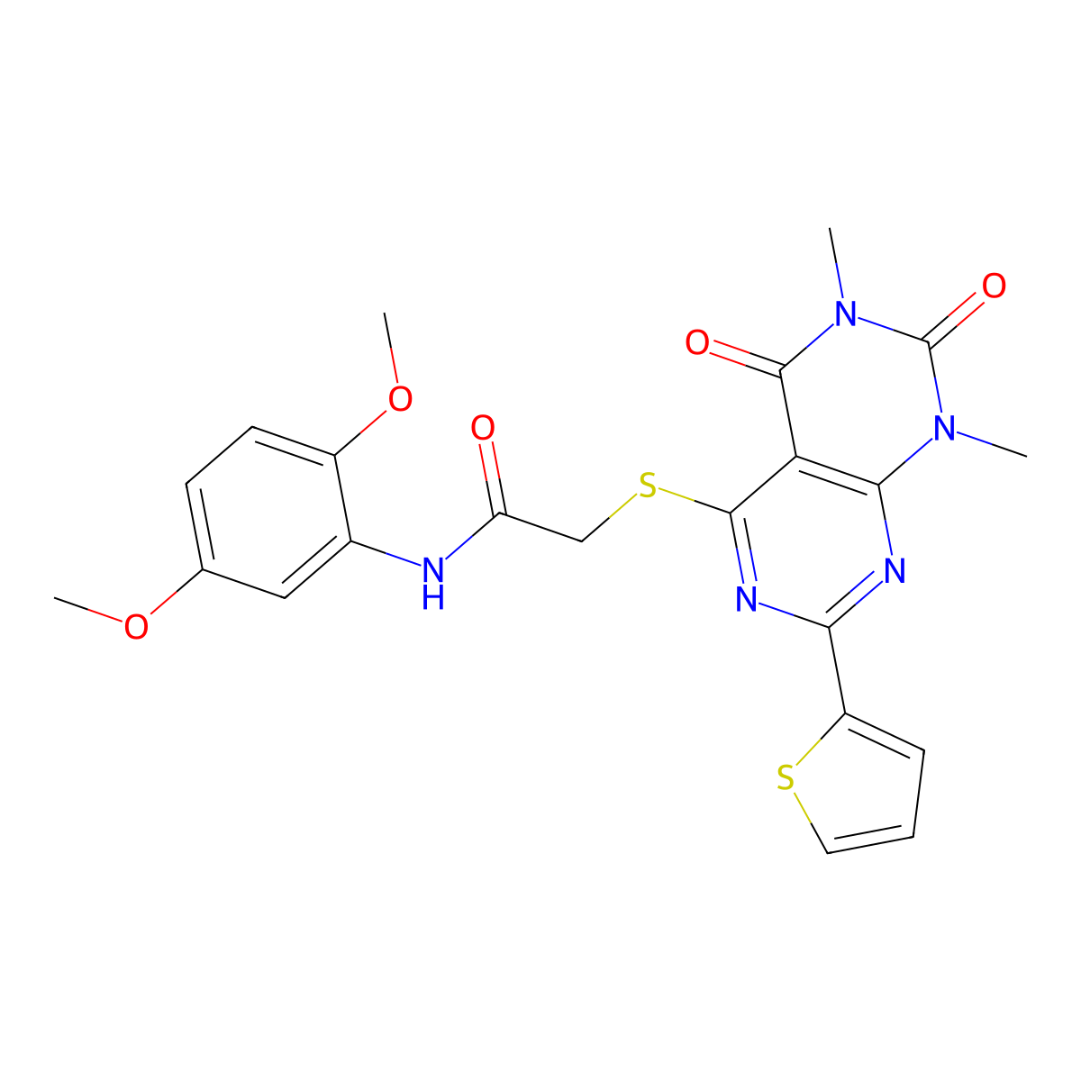 N-(2,5-dimethoxyphenyl)-2-((6,8-dimethyl-5,7-dioxo-2-(thiophen-2-yl)-5,6,7,8-tetrahydropyrimido[4,5-d]pyrimidin-4-yl)thio)acetamide molecular structure, CAS 847191-81-5