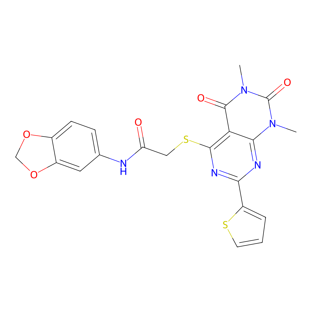 N-(benzo[d][1,3]dioxol-5-yl)-2-((6,8-dimethyl-5,7-dioxo-2-(thiophen-2-yl)-5,6,7,8-tetrahydropyrimido[4,5-d]pyrimidin-4-yl)thio)acetamide molecular structure, CAS 847191-82-6