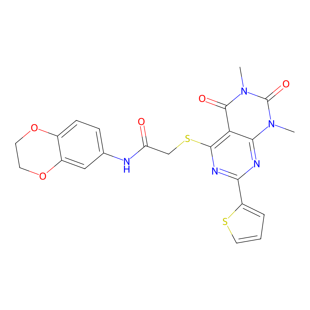 N-(2,3-dihydrobenzo[b][1,4]dioxin-6-yl)-2-((6,8-dimethyl-5,7-dioxo-2-(thiophen-2-yl)-5,6,7,8-tetrahydropyrimido[4,5-d]pyrimidin-4-yl)thio)acetamide molecular structure, CAS 847191-83-7