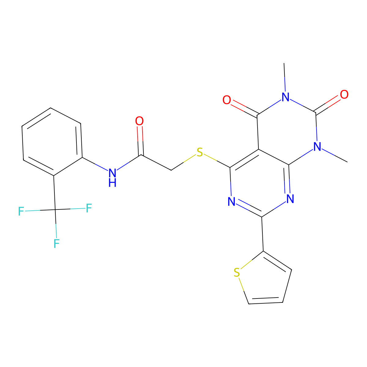 2-((6,8-dimethyl-5,7-dioxo-2-(thiophen-2-yl)-5,6,7,8-tetrahydropyrimido[4,5-d]pyrimidin-4-yl)thio)-N-(2-(trifluoromethyl)phenyl)acetamide molecular structure, CAS 847191-84-8