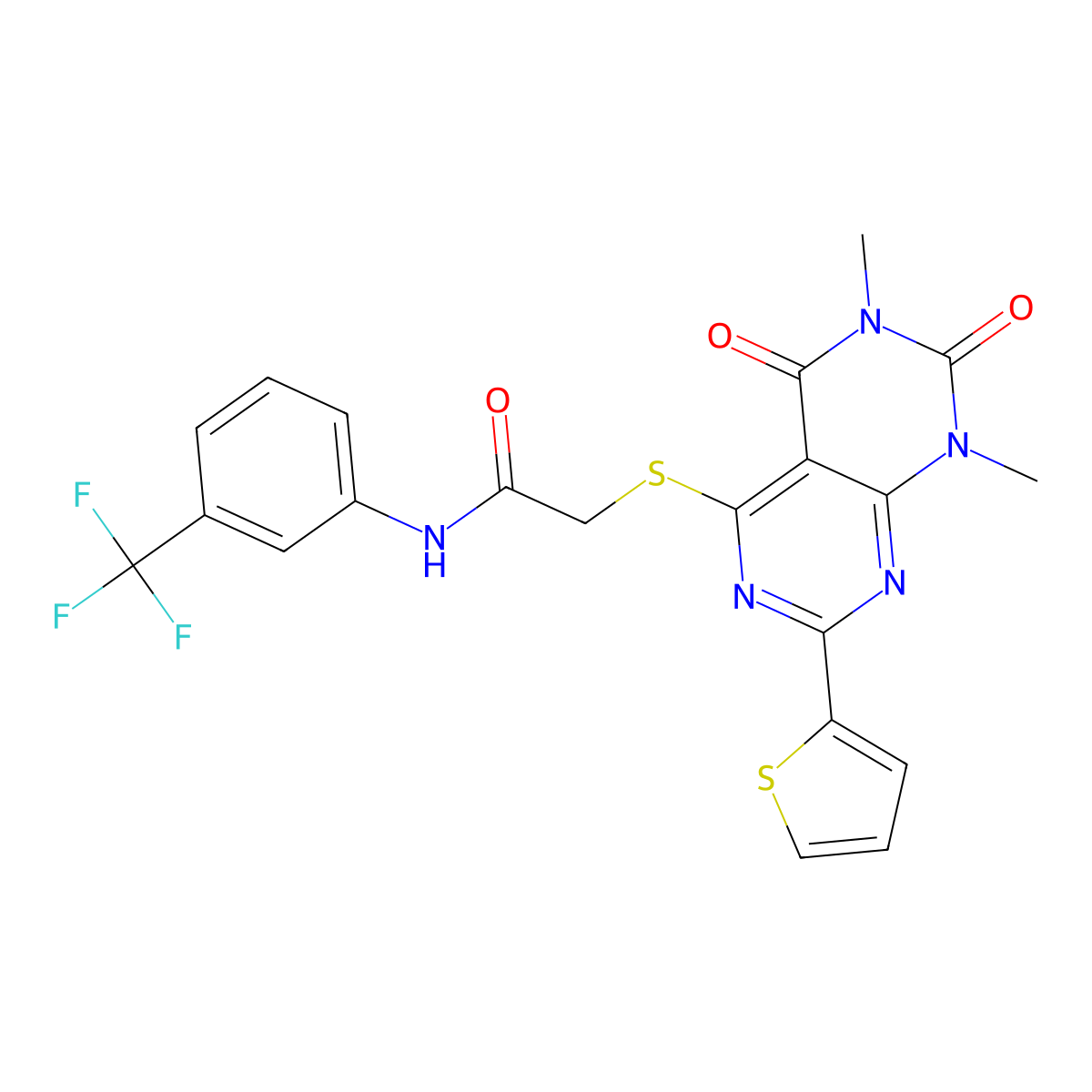 2-((6,8-dimethyl-5,7-dioxo-2-(thiophen-2-yl)-5,6,7,8-tetrahydropyrimido[4,5-d]pyrimidin-4-yl)thio)-N-(3-(trifluoromethyl)phenyl)acetamide molecular structure, CAS 847191-85-9