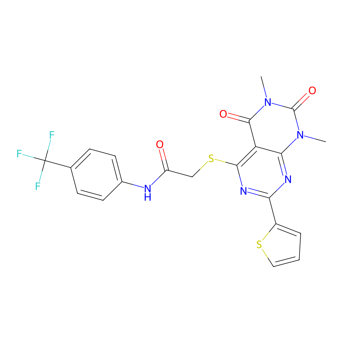 2-((6,8-dimethyl-5,7-dioxo-2-(thiophen-2-yl)-5,6,7,8-tetrahydropyrimido[4,5-d]pyrimidin-4-yl)thio)-N-(4-(trifluoromethyl)phenyl)acetamide molecular structure, CAS 847191-86-0