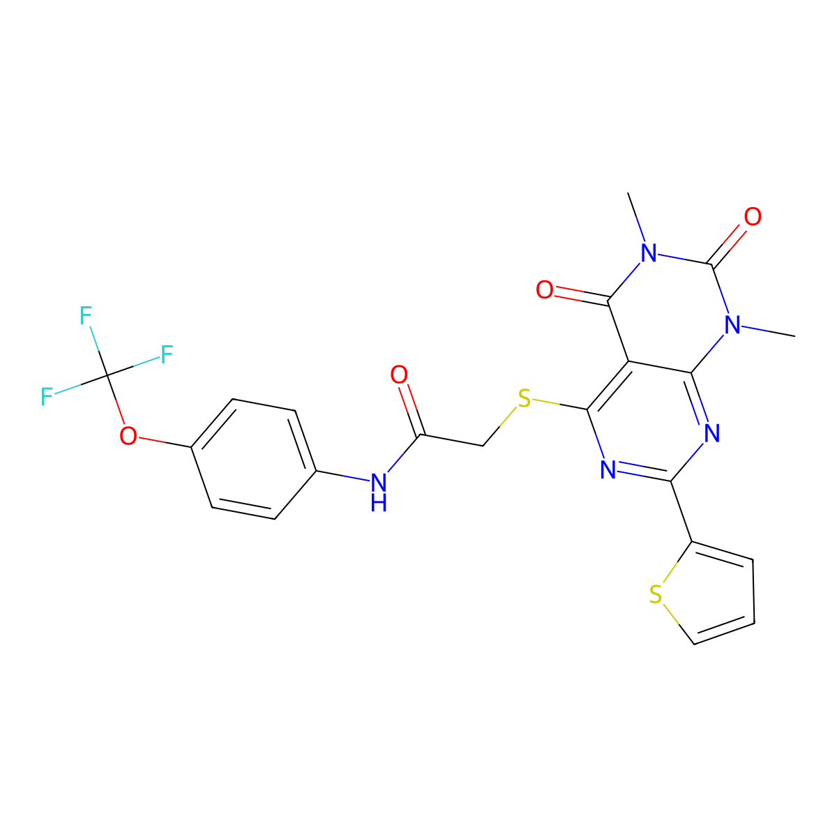 2-((6,8-dimethyl-5,7-dioxo-2-(thiophen-2-yl)-5,6,7,8-tetrahydropyrimido[4,5-d]pyrimidin-4-yl)thio)-N-(4-(trifluoromethoxy)phenyl)acetamide molecular structure, CAS 847191-88-2