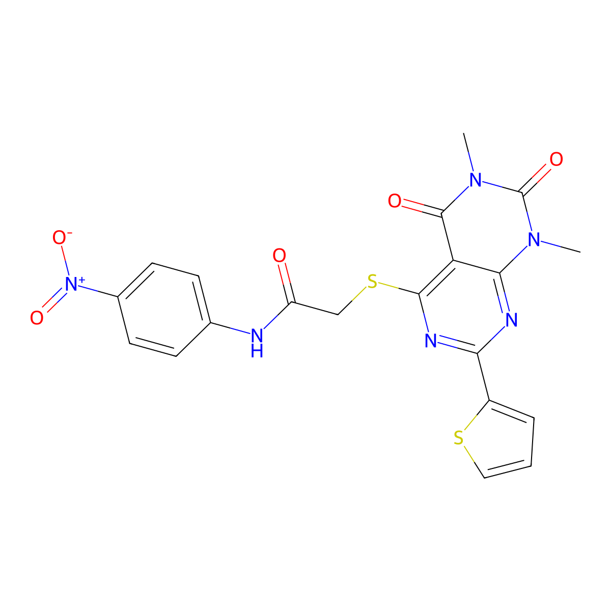 2-((6,8-dimethyl-5,7-dioxo-2-(thiophen-2-yl)-5,6,7,8-tetrahydropyrimido[4,5-d]pyrimidin-4-yl)thio)-N-(4-nitrophenyl)acetamide molecular structure, CAS 847191-89-3