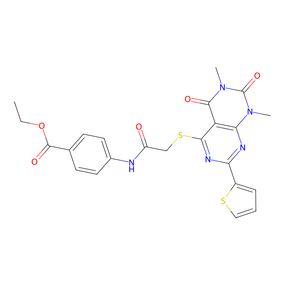Ethyl 4-(2-((6,8-dimethyl-5,7-dioxo-2-(thiophen-2-yl)-5,6,7,8-tetrahydropyrimido[4,5-d]pyrimidin-4-yl)thio)acetamido)benzoate molecular structure, CAS 847191-90-6