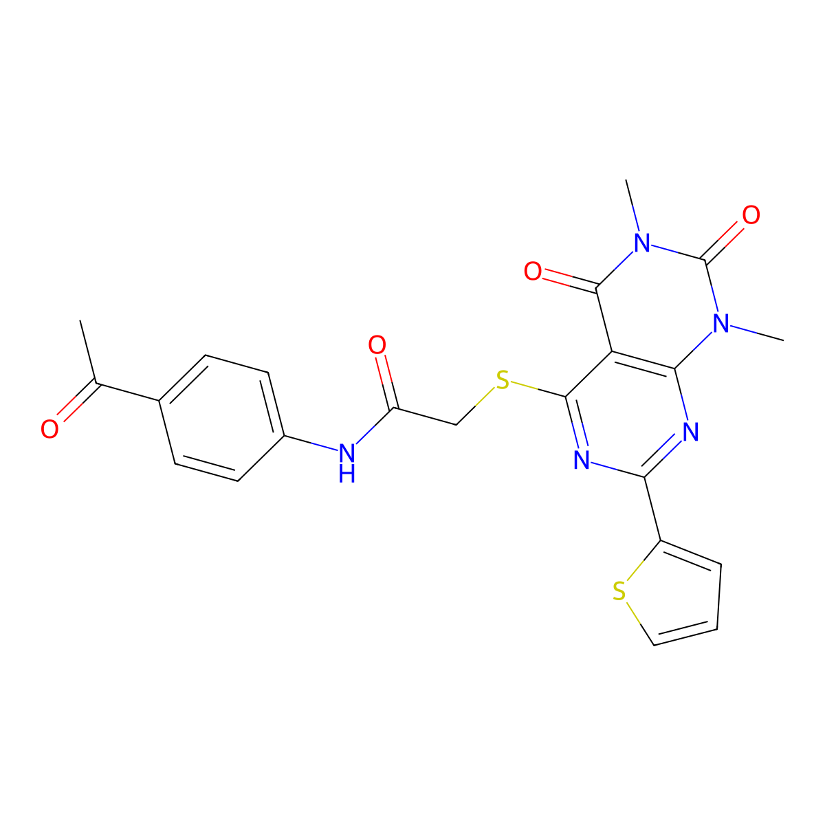 N-(4-acetylphenyl)-2-((6,8-dimethyl-5,7-dioxo-2-(thiophen-2-yl)-5,6,7,8-tetrahydropyrimido[4,5-d]pyrimidin-4-yl)thio)acetamide molecular structure, CAS 847191-91-7