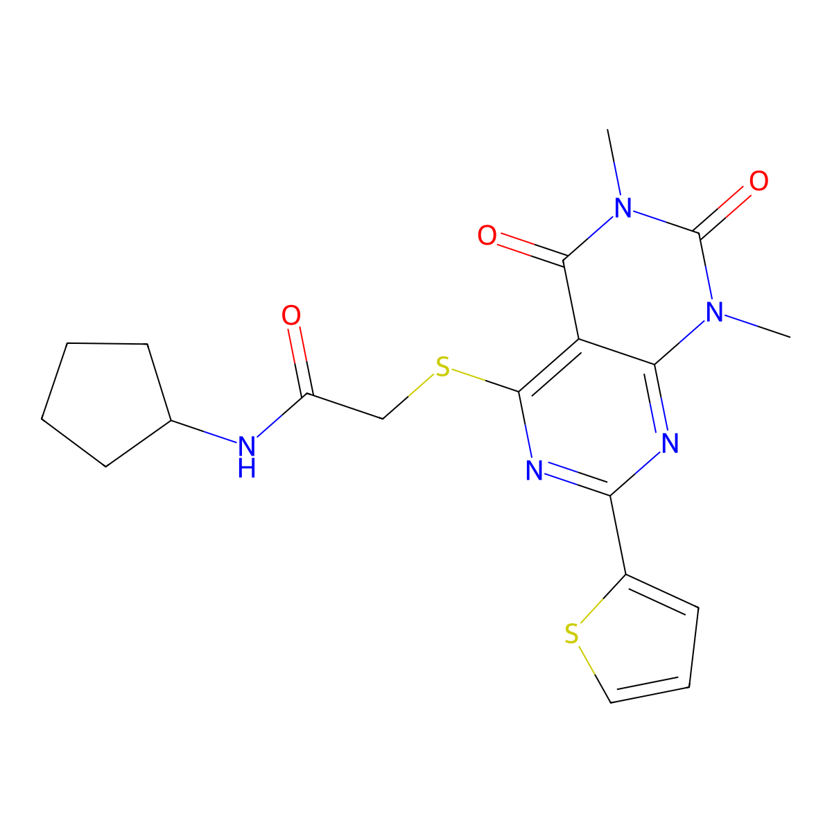 N-cyclopentyl-2-((6,8-dimethyl-5,7-dioxo-2-(thiophen-2-yl)-5,6,7,8-tetrahydropyrimido[4,5-d]pyrimidin-4-yl)thio)acetamide molecular structure, CAS 847191-92-8
