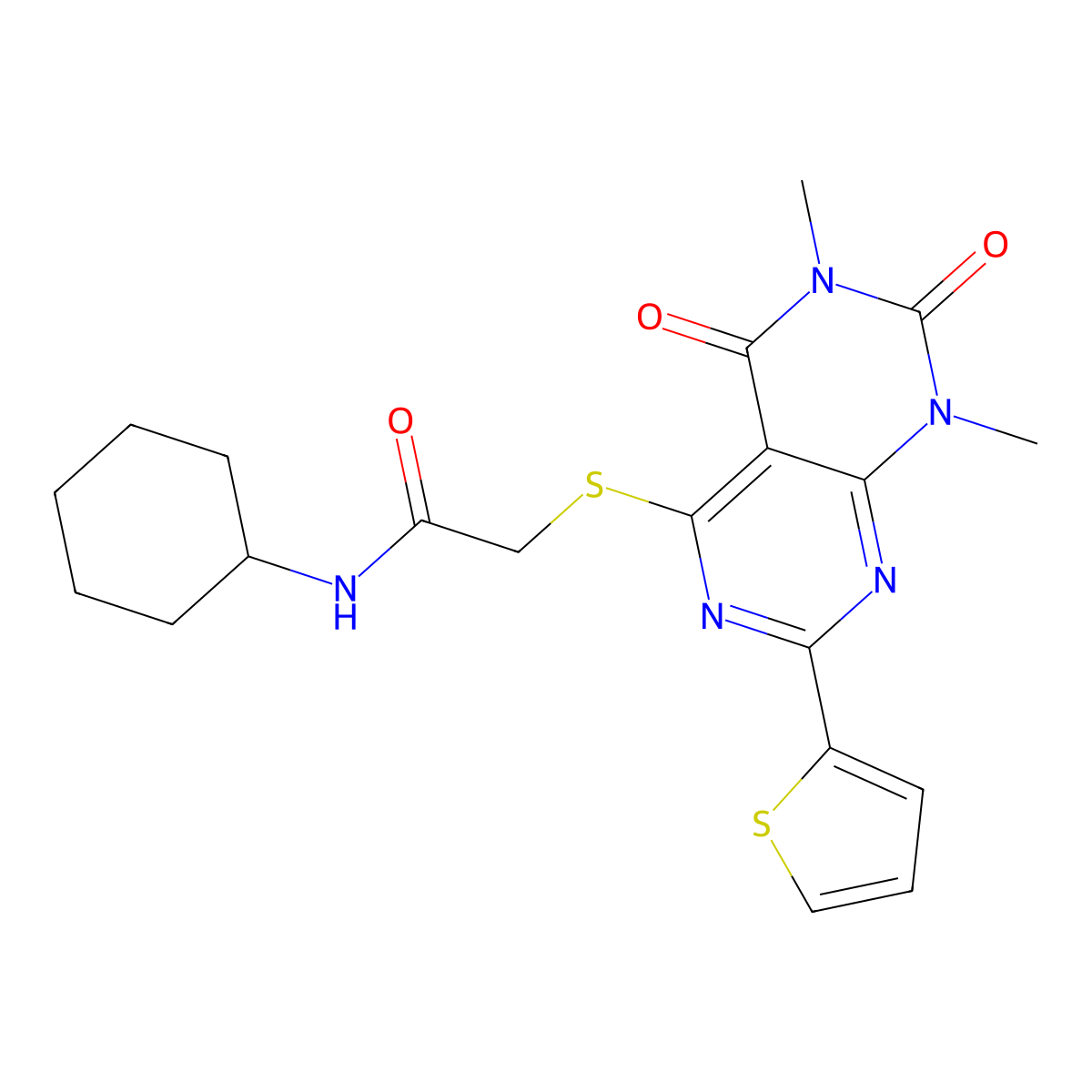 N-cyclohexyl-2-((6,8-dimethyl-5,7-dioxo-2-(thiophen-2-yl)-5,6,7,8-tetrahydropyrimido[4,5-d]pyrimidin-4-yl)thio)acetamide molecular structure, CAS 847191-93-9