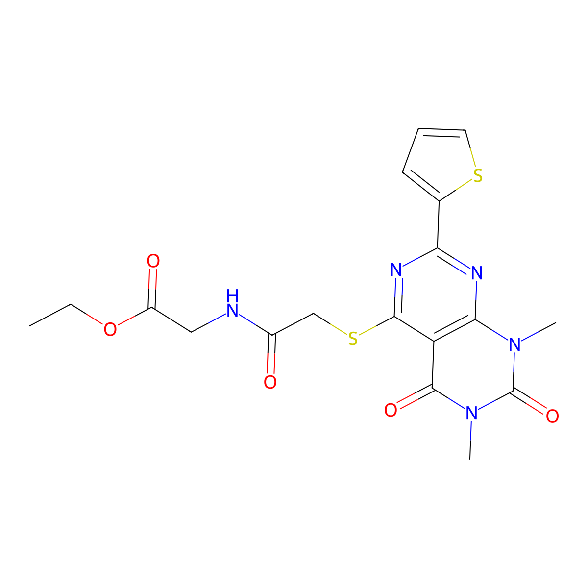 Ethyl 2-(2-((6,8-dimethyl-5,7-dioxo-2-(thiophen-2-yl)-5,6,7,8-tetrahydropyrimido[4,5-d]pyrimidin-4-yl)thio)acetamido)acetate molecular structure, CAS 847191-94-0