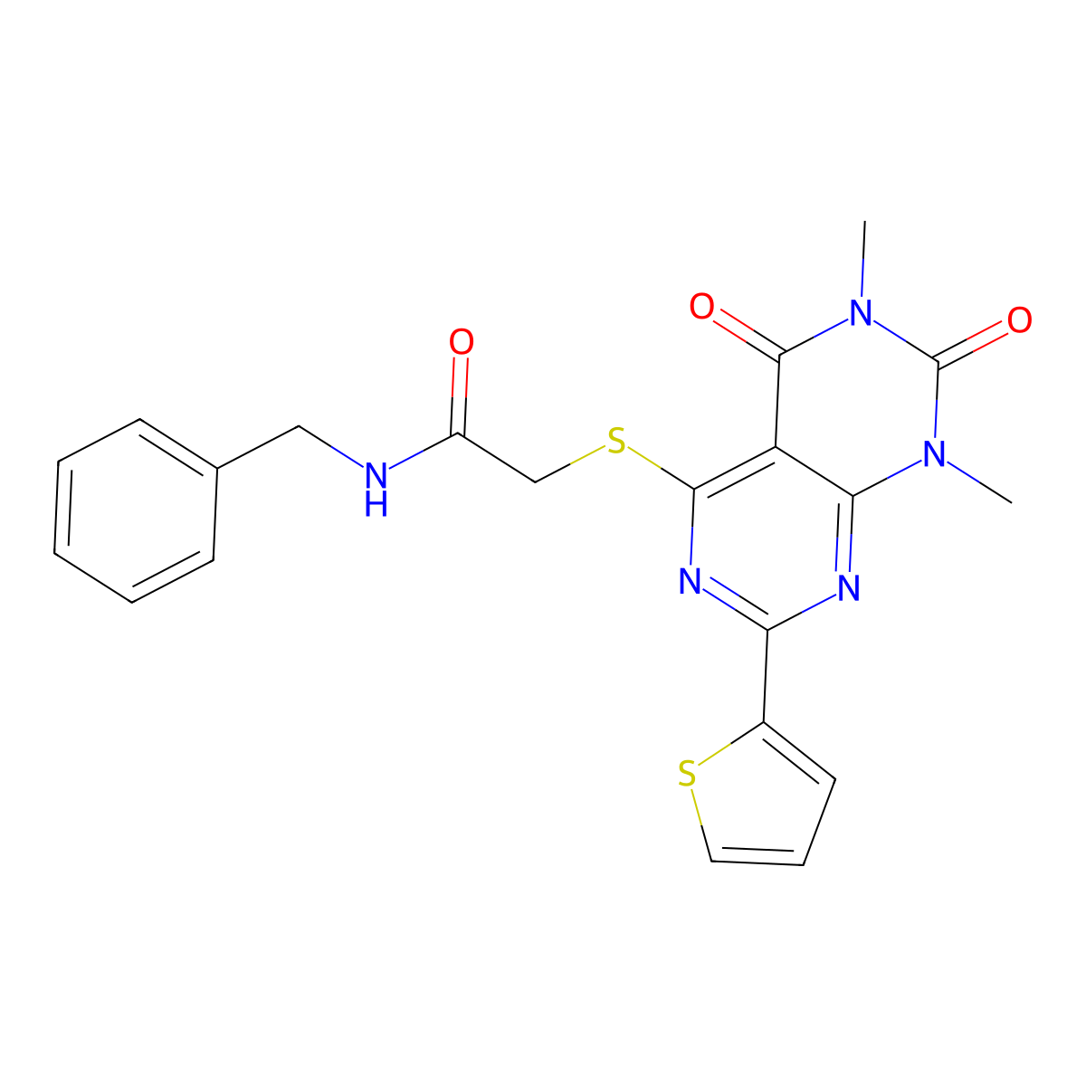 N-benzyl-2-((6,8-dimethyl-5,7-dioxo-2-(thiophen-2-yl)-5,6,7,8-tetrahydropyrimido[4,5-d]pyrimidin-4-yl)thio)acetamide molecular structure, CAS 847191-95-1
