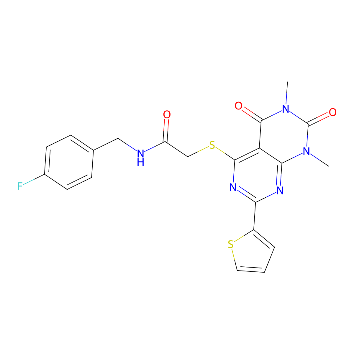 2-((6,8-dimethyl-5,7-dioxo-2-(thiophen-2-yl)-5,6,7,8-tetrahydropyrimido[4,5-d]pyrimidin-4-yl)thio)-N-(4-fluorobenzyl)acetamide molecular structure, CAS 847191-96-2