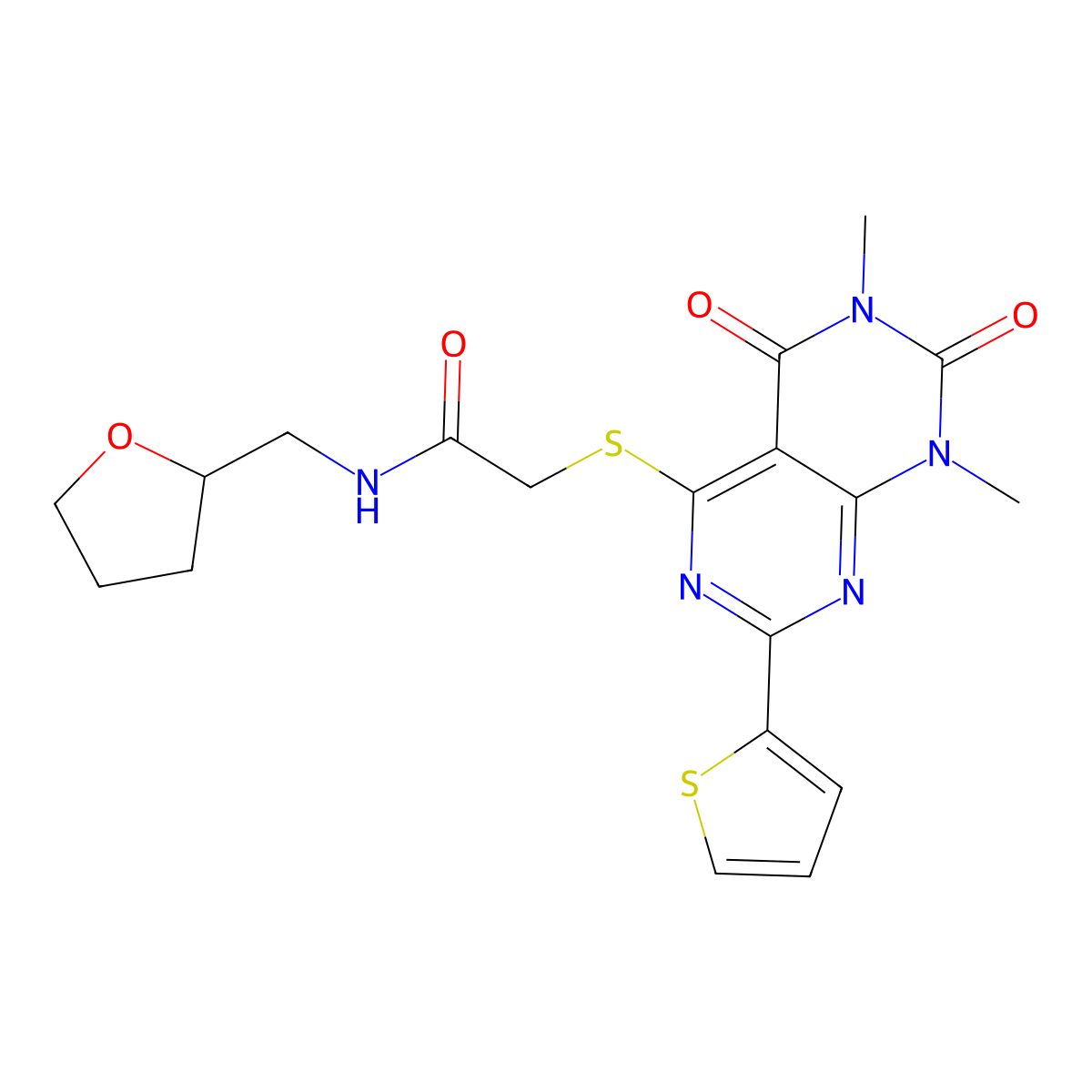 2-(1,3-dimethyl-2,4-dioxo-7-thiophen-2-ylpyrimido[4,5-d]pyrimidin-5-yl)sulfanyl-N-(oxolan-2-ylmethyl)acetamide molecular structure, CAS 847191-98-4